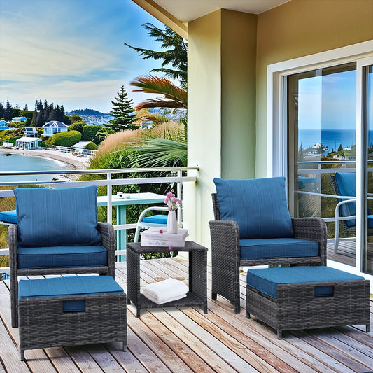 5 Pieces Wicker Patio Furniture Set Outdoor Patio Chairs with Ottomans Conversation Furniture with coffetable for Poolside Garden Balcony