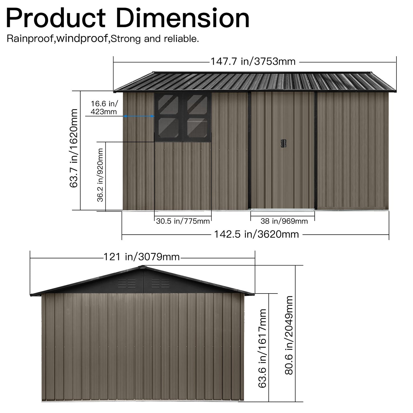 Metal garden sheds 12ftx10ft outdoor storage sheds brown with window with sliding door