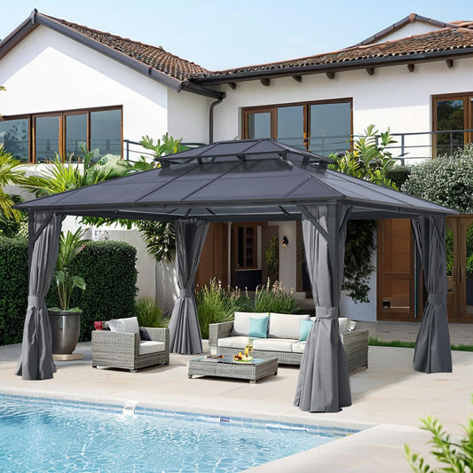 12x16FT Hardtop Gazebo Double Roof Canopy Outdoor with Netting and Curtains