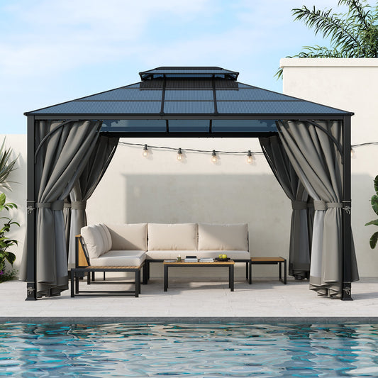 TREXM 10'x12' Hardtop Outdoor Gazebo, Heavy Duty Double Roof Patio Gazebo with Aluminum Frame, Double-Layer Side Walls Mosquito Netting & Privacy Curtains for Patio, Garden, Backyard (Grey)